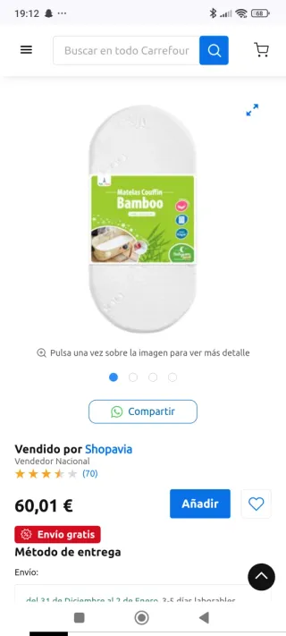 Colchón Capazo Bebé Babysom Funda Bambú 72X32cm