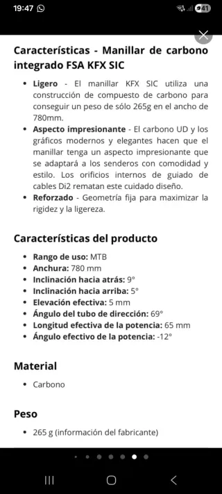 Manillar FSA KFX SIC Carbono