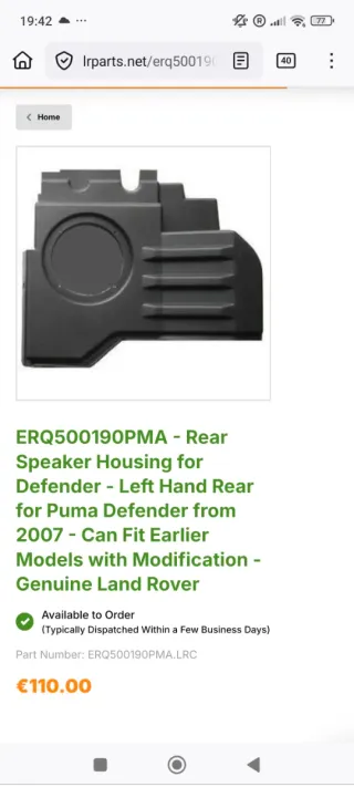 Land Rover Defender Caja Altavoz Trasero Izq.