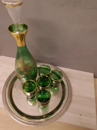 Juego Decantador y Vasos Verde Dorado