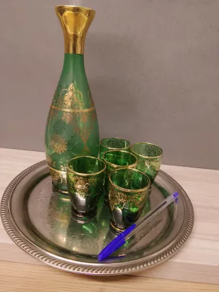 Juego Decantador y Vasos Verde Dorado