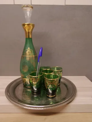Juego Decantador y Vasos Verde Dorado
