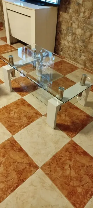 Mesa de centro cristal y metal blanca