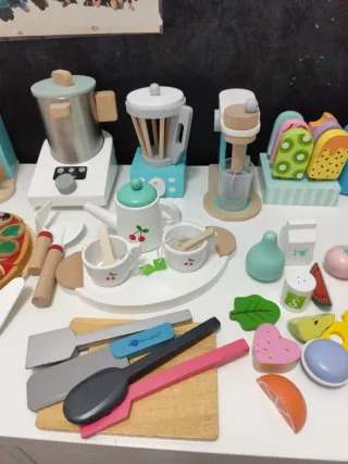Juguetes de madera: cocina, pizza, tarta, cafetera