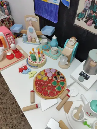 Juguetes de madera: cocina, pizza, tarta, cafetera