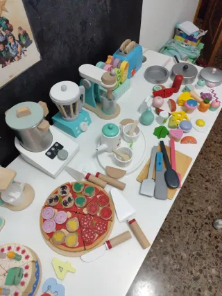 Juguetes de madera: cocina, pizza, tarta, cafetera