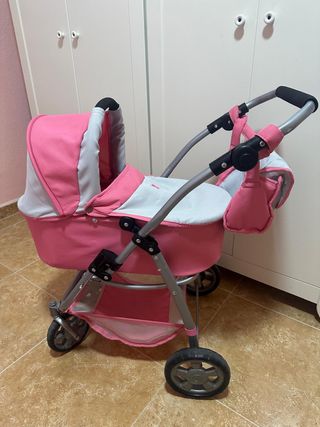 Cochecito de muñecas rosa y gris