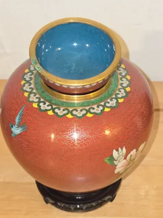 Jarrón Chino Cerámica Cloisonné Flor Azul