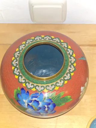 Jarrón Chino Cerámica Cloisonné Flor Azul