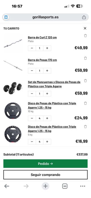 Rack, banco y set de barras y discos gym