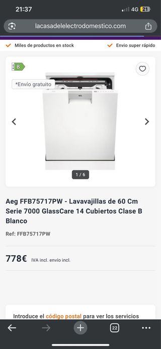 Lavavajillas AEG FFB75717PW Nuevo en Caja