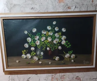 Cuadro Óleo Flores Blancas Marco Dorado