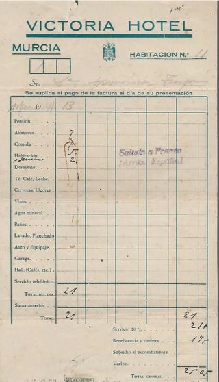 Factura Hotel Victoria Murcia 1941