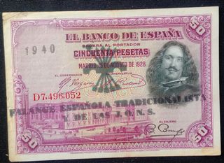 Billete 50 Pesetas 1940 Resello falange fe jons