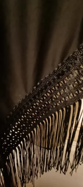 Mantón Raso Negro Bordado Flecos Seda