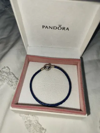 Pulsera Pandora Cuero Azul Corazón Plata