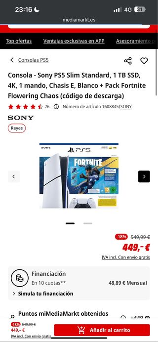 Consola Sony PS5 Slim Blanca + Fortnite