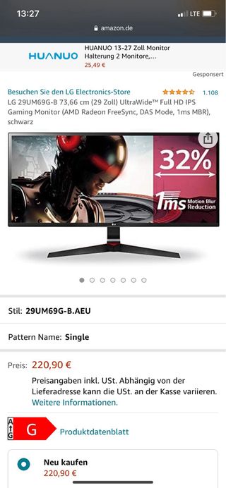 Monitor Gaming LG 29 Ultrawide 75Hz