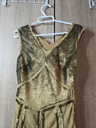 Vestido de fiesta lentejuelas beige y dorado