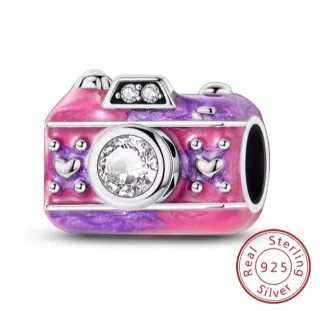 Charm Pandora Cámara Corazones Rosa Morado