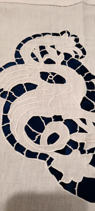 2 Tendine Lino Ricamato Dragone