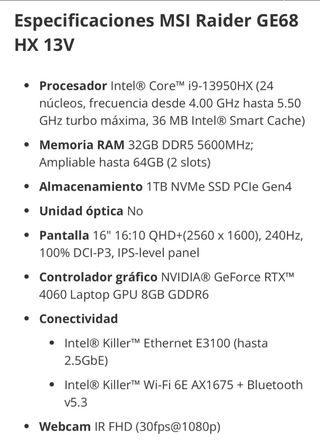 Portátil MSI Raider GE68HX 13VF-045XES 4060/16"