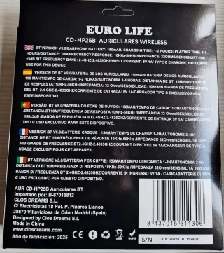 Auriculares Bluetooth EURO LIFE Negros