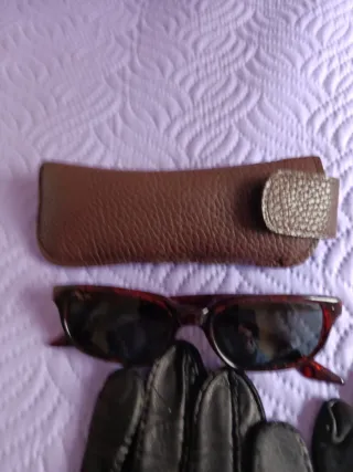 Lote de piel: cartera, gafas y guantes
