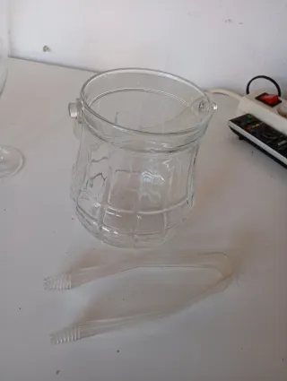 Botella y cubitera de cristal