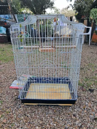Jaula para pájaros blanca y azul