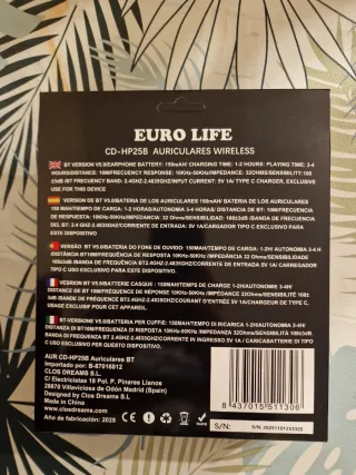 Auriculares Bluetooth EURO LIFE BT 5.0 Negros