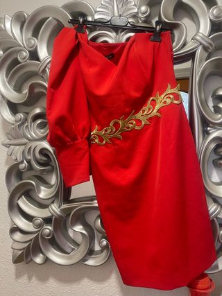 Vestido fiesta mujer rojo con dorado