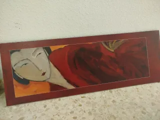 Mesa de centro madera con estante, cajón y cuadro