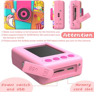 Cámara de fotos infantil rosa con funda