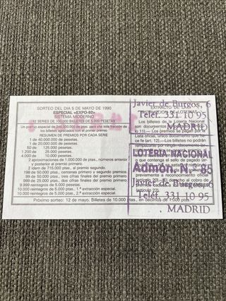 Cupón Lotería Nacional Expo 92 Curro 1990