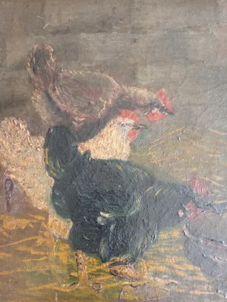 Cuadro antiguo gallinas y gallo