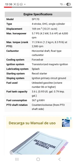 Motor subaru y piezas motocultor Husqvarna TR430