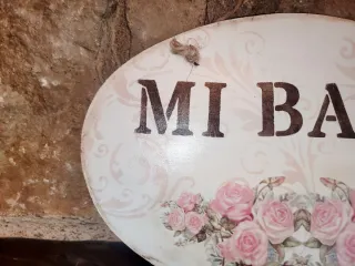 Cartel Mi Baño Decorativo Flores Rosas