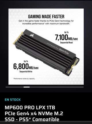 SSD NVMe M.2 Corsair MP600 PRO LPX 1TB para PS5
