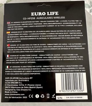 Auriculares Euro Life BT 5.0 Negros