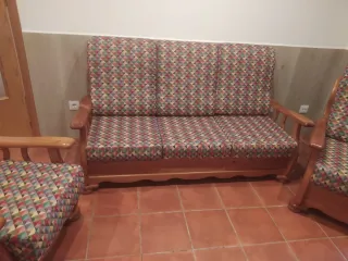 Precioso Conjunto Sofá Rústico Madera y Tela