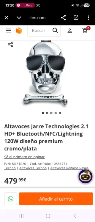 Altavoz Bluetooth Calavera Plata negro con mando