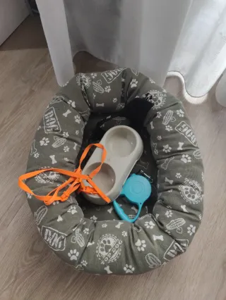 Cama para perro y arnés