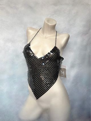 Top sexy Lentejuelas metálicas Negro