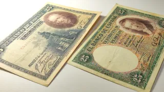 Lote 7 Billetes antiguos de 100, 50, 25, 10 y 5 Pt