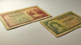 Lote 7 Billetes antiguos de 100, 50, 25, 10 y 5 Pt