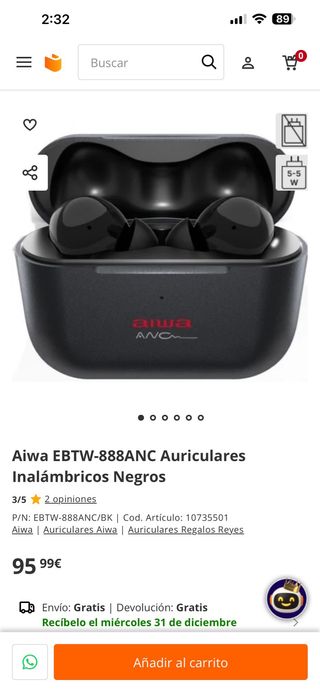 Aiwa EBTW-888ANC Auriculares Inalámbricos Negros