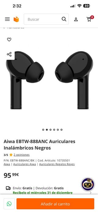 Aiwa EBTW-888ANC Auriculares Inalámbricos Negros