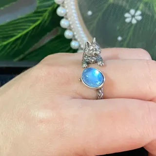 Anillo Plata Gato Aguamarina Natural Ajustable