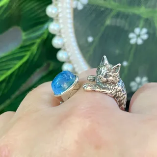 Anillo Plata Gato Aguamarina Natural Ajustable